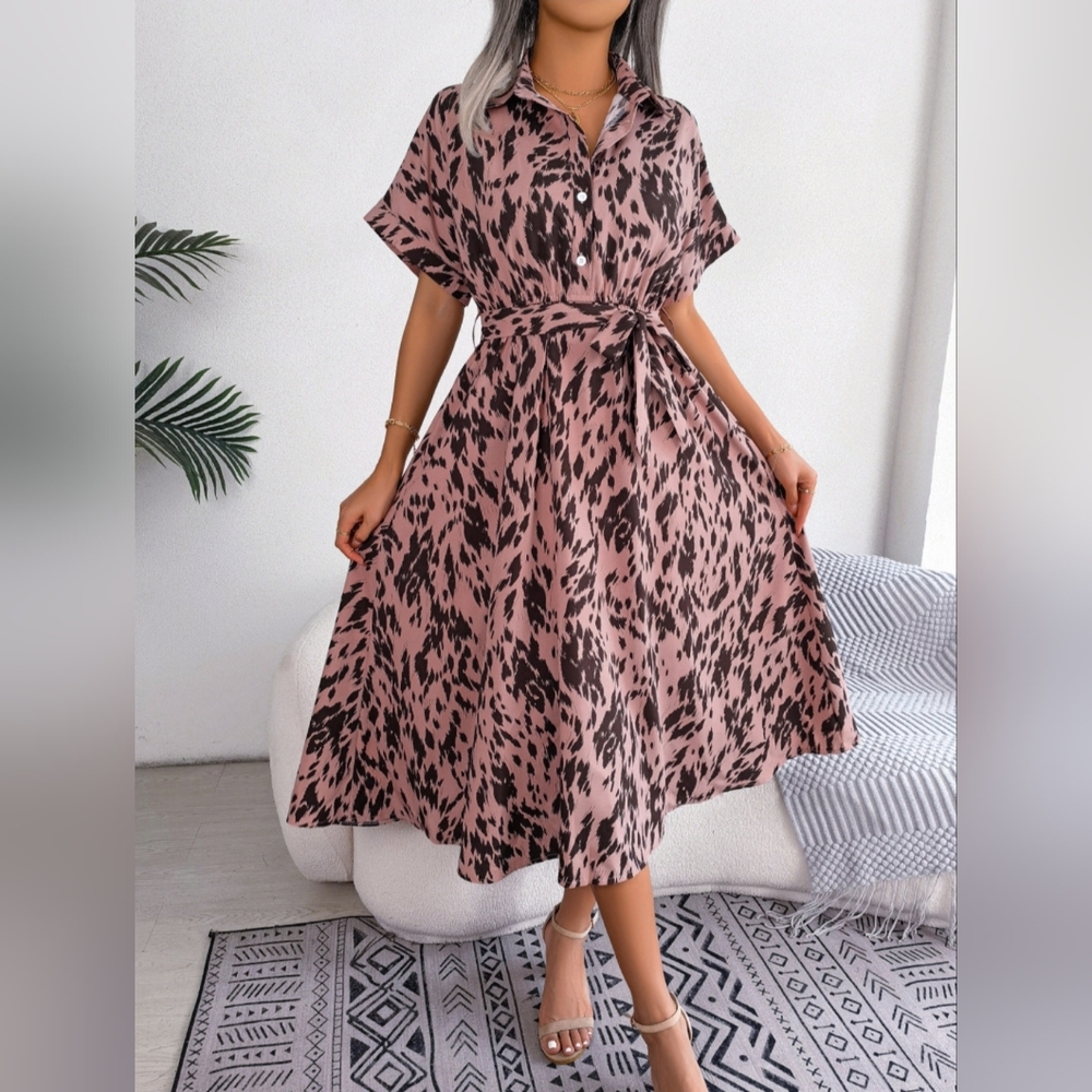 Brush Stroke Print Collared Short Sleeve Waist Tie Belt Midi Dress Sophisticated